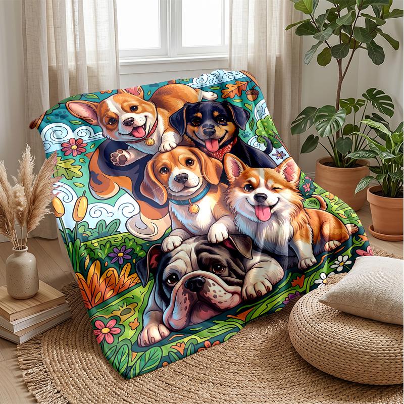 Puppies in Spring Blossoms Theme blanket Lightweight Warm Flannel Blanket Decorative Throw Blanket for Home Decoration