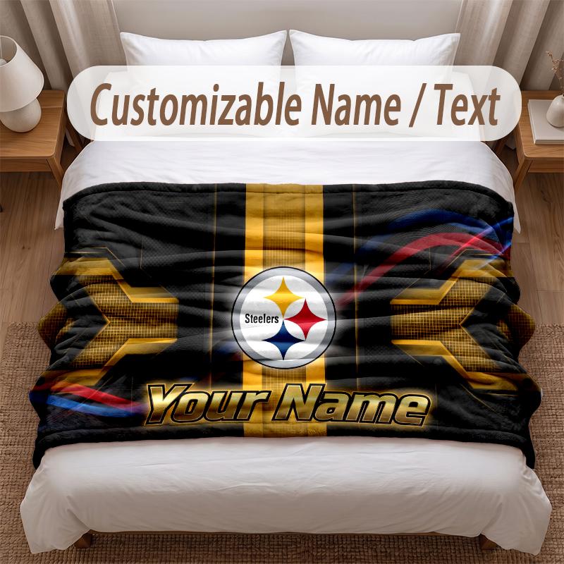 Pittsburgh Steelers Printed Flannel Blanket Custom Name Text Soft Warm Throw For Bedroom Holiday Gift