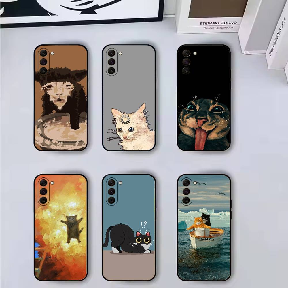 Mèmes de Chat F-Drôle Mignon Coque de Téléphone Pour Samsung Galaxy A73,A72,A71,A70,A53,A52,A51,Housse Noire en Silicone Souple