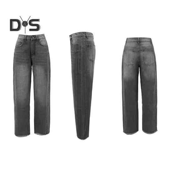 Pantalones vaqueros elásticos de cintura alta para mujer, pantalones vaqueros de pierna ancha, casuales, de pierna recta, con dobladillo deshilachado y bolsillos