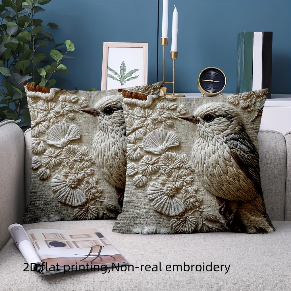 1 Pillowcase 2D Flat Printed Embroidered Bird Pattern Decorative Pillow Polyester Pillowcase Sofa Cushion Cover