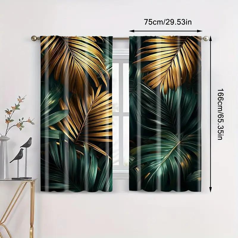 2pcs Luxurious Gold Tropical Leaf Printed Curtains, Designed for Light Filtering, Quality Material, Ideal for Modern Home Window