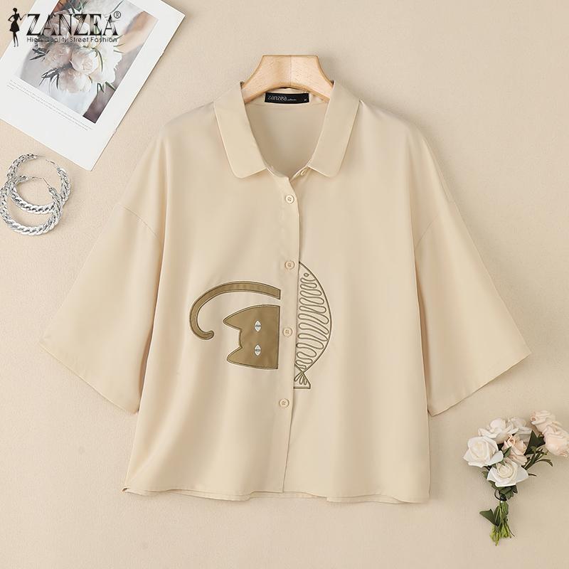 ZANZEA Damen Umlegekragen Locker Lässig Kurzarm Print Bluse