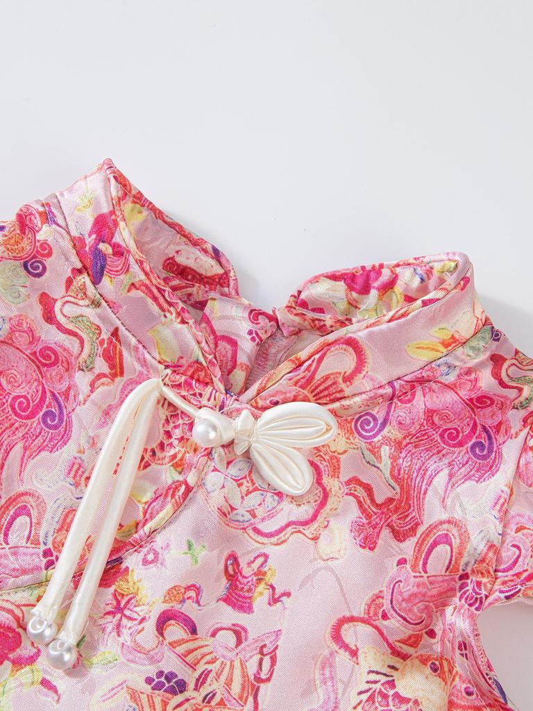 Girls' Sleeveless Tang Suit Dress: Summer Koi & Flower Design