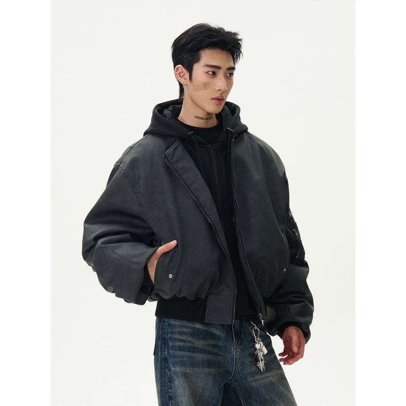 Kisko American Retro Bomber Faux Two-Piece Oversized Jacket for Men and Women Vibe Thickened Hooded Cotton Coat Trendy