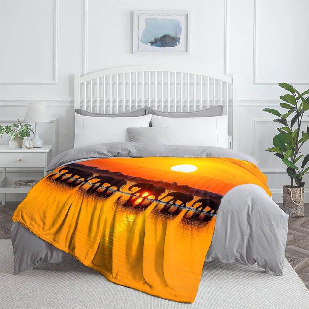 Elephant Sunset Safari Animal Print Blanket Flannel Soft Throw Bedding Decor Nature Theme Gift for Wildlife Lovers CozyWarmCover