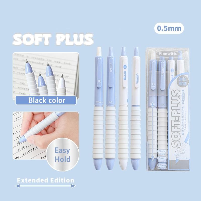 Sada 4ks gelových per Soft-plus Easy Grip 3s rychleschnoucí černo-červený barevný inkoust 0,5 mm kuličkové pero pro psaní