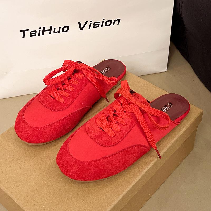 British spring 2025 new lace-up lazy one-pedal muller shoes cool slippers bag head half slippers women's outer wear