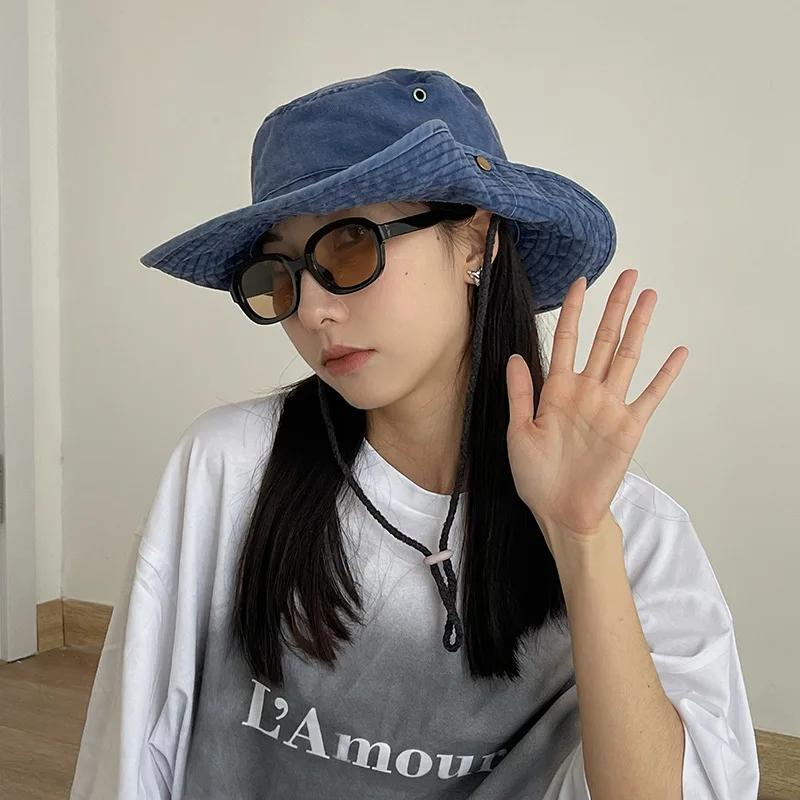 2025 Blue Cowboy Hiking Bucket Hats with String Men Denim Beach Sun Hat for Women Outdoor Couple Bob Panama Summer Fisherman Cap
