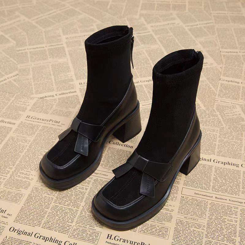 

Мода 2024 Женские ботильоны на толстой подошве Осень и Зима Новые замшевые короткие ботинки Женские модные ботинки на высоком каблуке с бантом 40