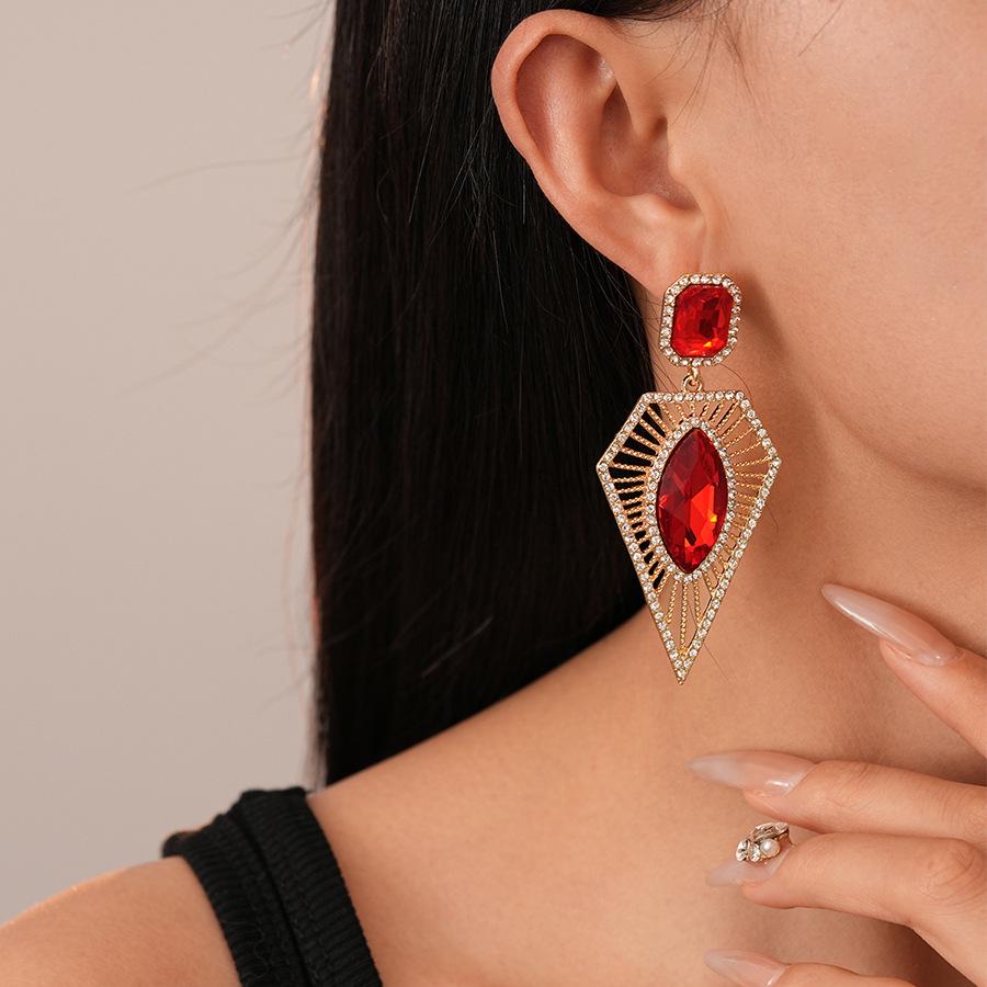 Retro Angkor Red Rhinestone Silver Geometric Earrings - Light Luxury High-End for Women