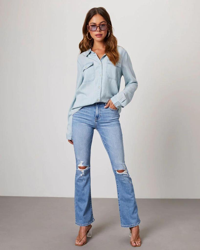 Women's Long-Sleeve Denim Shirt - Casual European & American Style, Autumn, Lapel, Single-Breasted