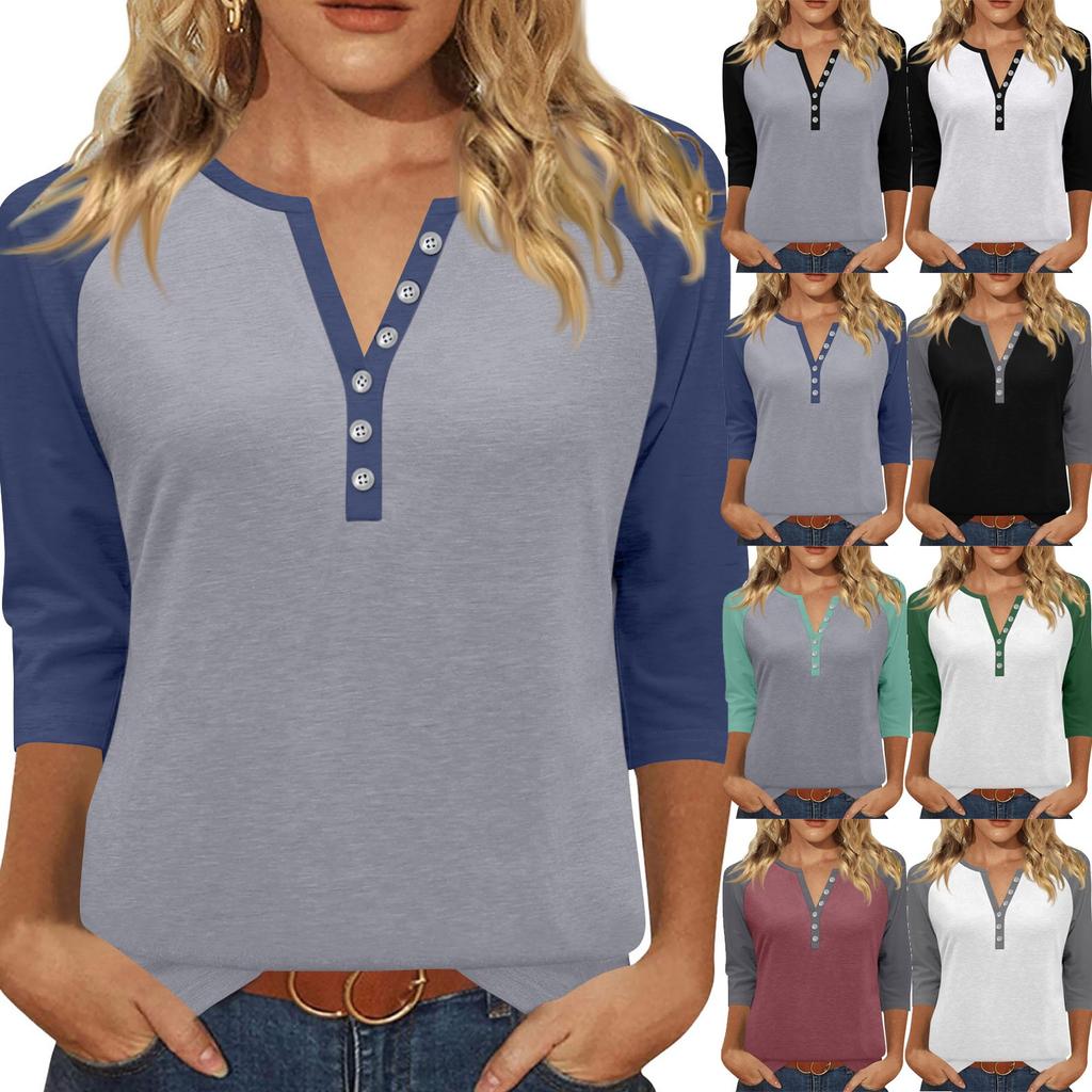Women's T Shirt Print Button 3/4 Sleeve Daily Weekend Fashion Basic V- Neck Regular Top
