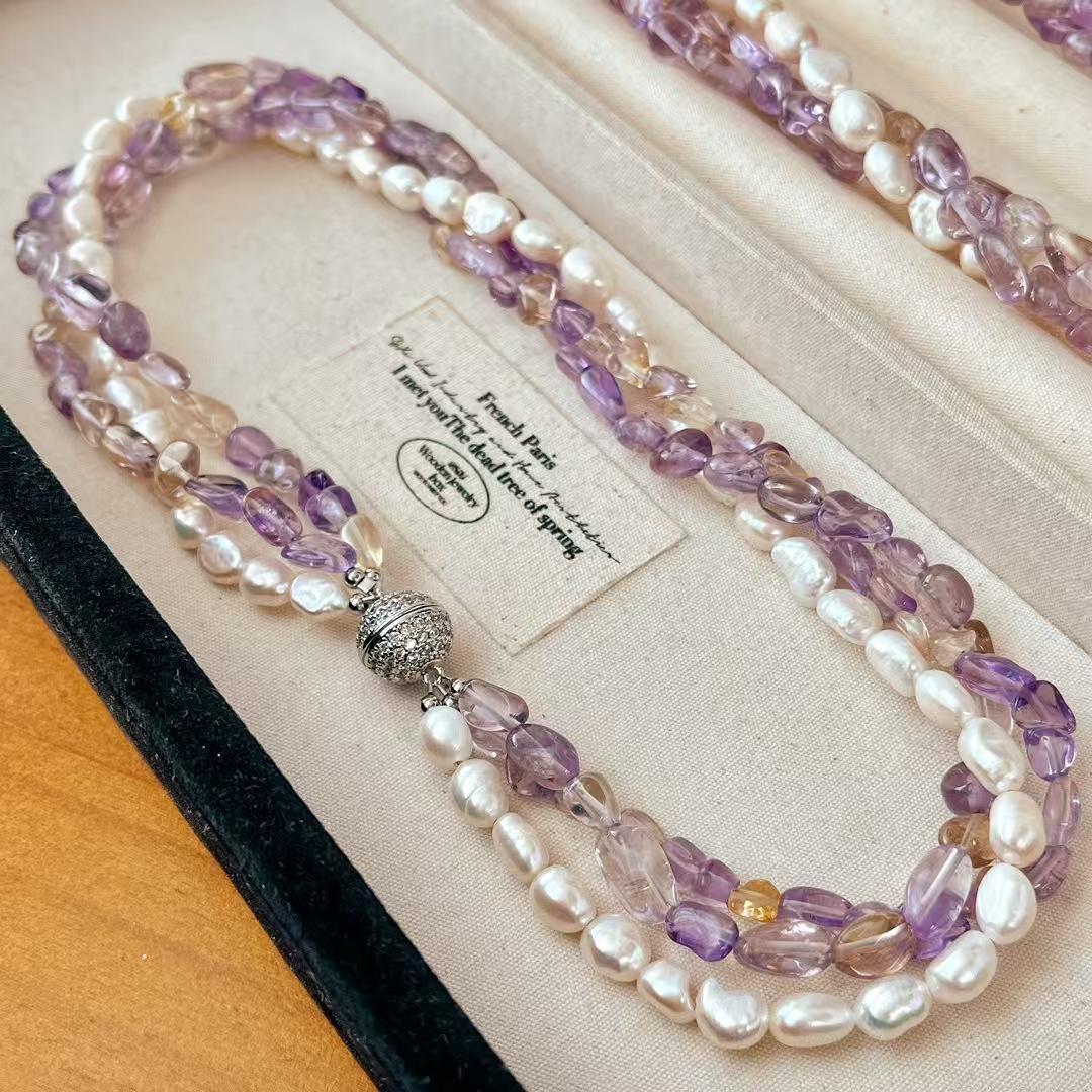 Heavy Industry Vintage High Quality Natural Amethyst Baroque Freshwater Pearl Necklace Evening Chain