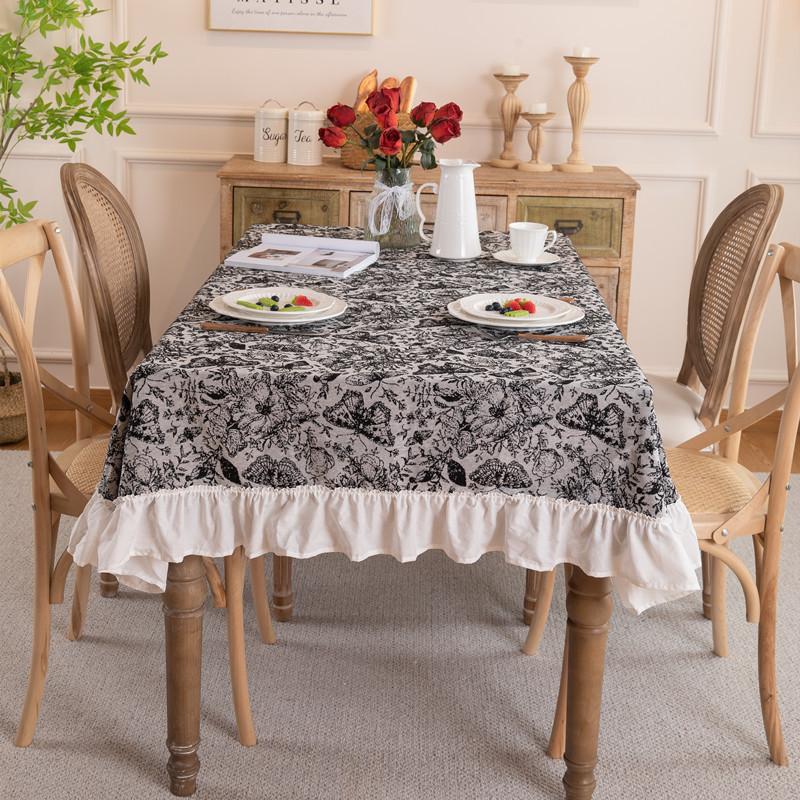Retro Polyester Cotton Color Woven Jacquard Black And White Butterfly Pleated Lotus Leaf Edge Fringed Tablecloth Rectangular Coffee Table Tablecloth