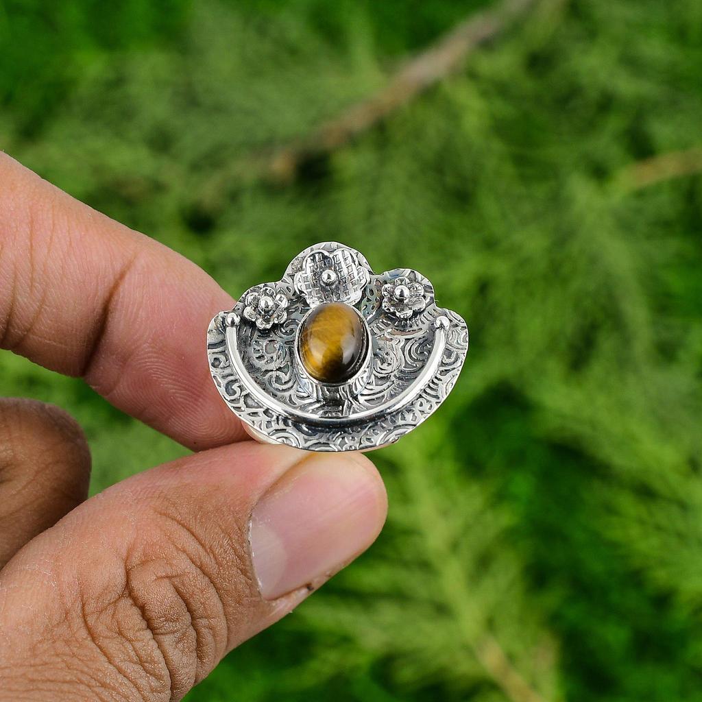 Easter Sale Sterling Silver Tigers Eye Stone Wife Solitaire Promise Flower Ring