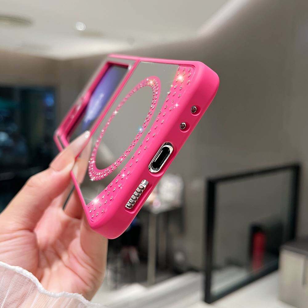 Zrcadlové pouzdro pro Samsung Galaxy Z Flip3/ Flip4/ Flip5/ Flip6 MagSafe magnetické bezdrátové nabíjení Módní make-up bonbónové barvy třpytky kryt na telefon