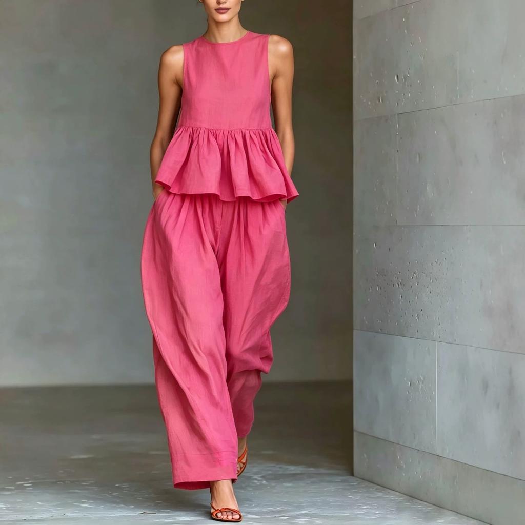 2026 summer new Amazon, suit women's sleeveless ruffle top + loose wide-leg pants two-piece commute