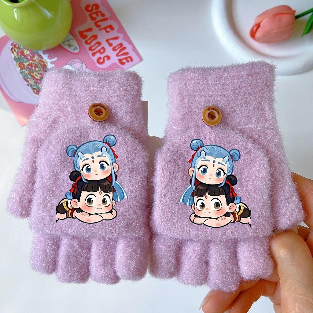 Nezha Ao Bing Winter Cartoon Fingerless Gloves: Thick, Windproof, Warm Knit for Girls