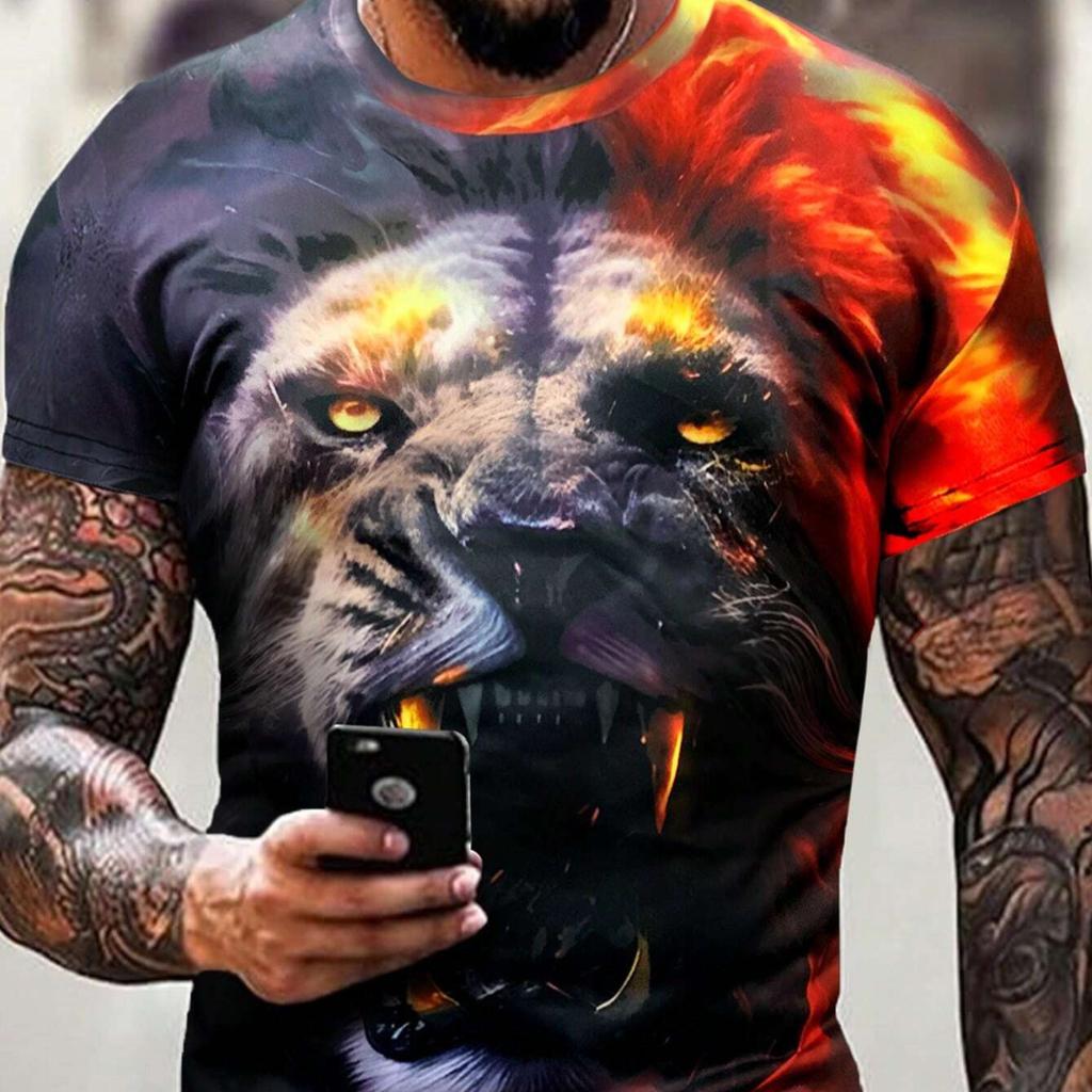 Letní tričko s kulatým výstřihem a 3D potiskem zvířecí hlavy, módní ležérní pánské tričko s krátkým rukávem