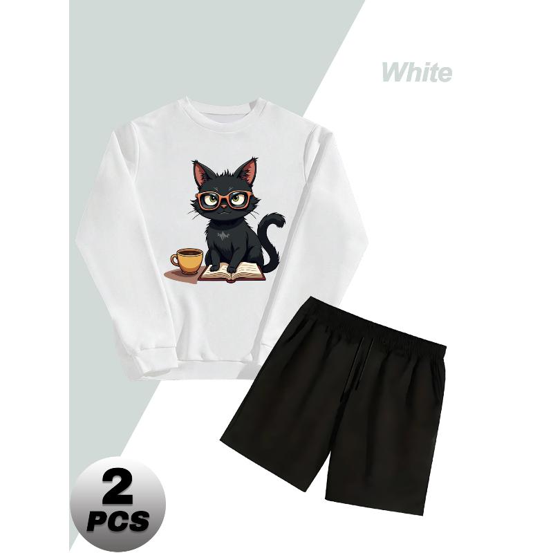 

Crew Neck Sweatshirt Set with Relaxed Fit Shorts Comfortable Casual Daily Wear S білий