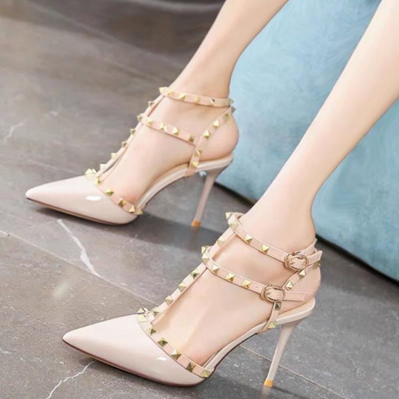 Sandali Donna Tacco Alto Stiletto Punta Acuta Borchie Primavera Estate Fascia Caviglia con Fibbia Bocca Bassa Antiscivolo