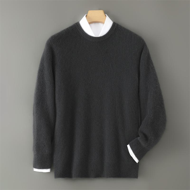 

Men s 100% Pure Wool Thick Round Neck Sweater – Solid Color Jacquard Knitwear, Business Casual Loose Fit Base Layer. Large