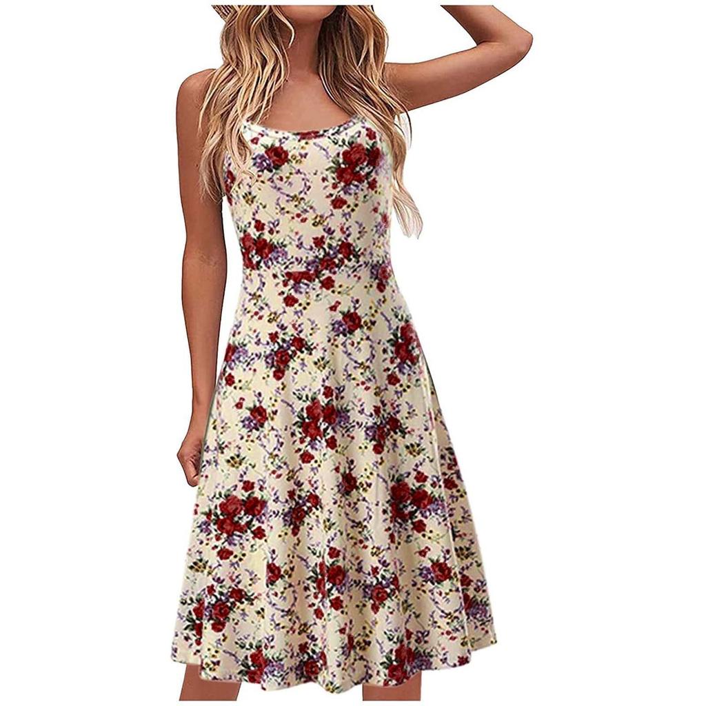 Fashion Womens Casual Loose Print Splicing Backless Sling Sleeveless Dress