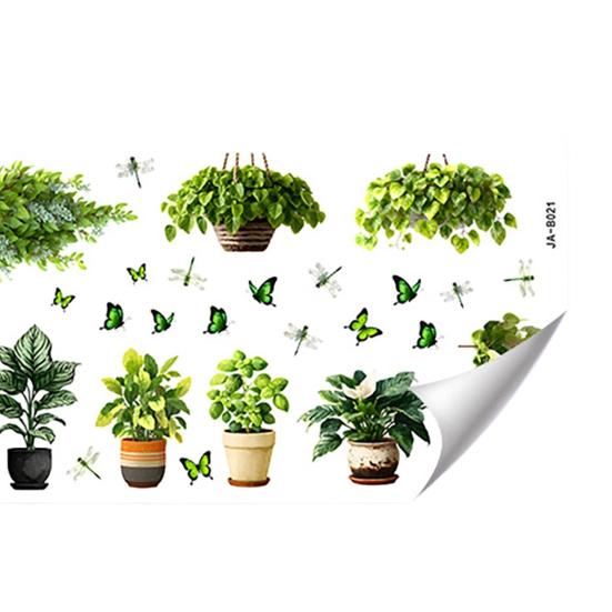 Potted Plant and Dragonfly Window Clings, Self-Adhesive Nature Themed Greenery Butterfly Glass Decals, Removable Wall Stickers for Balcony Kitchen