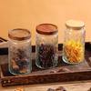 Cylindrical Embossed Glass Storage Jar with Wooden Lid for Dried Fruits and Grains