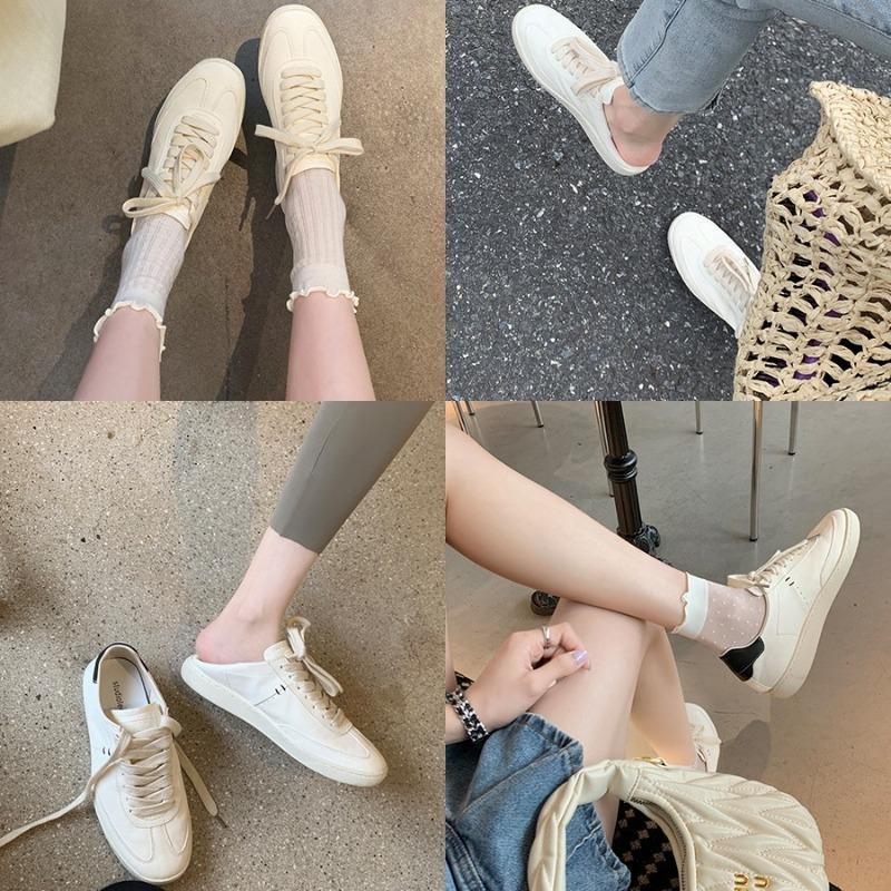 ~ Old cowhide lace-up casual versatile sports board shoes round head white shoes women's new models