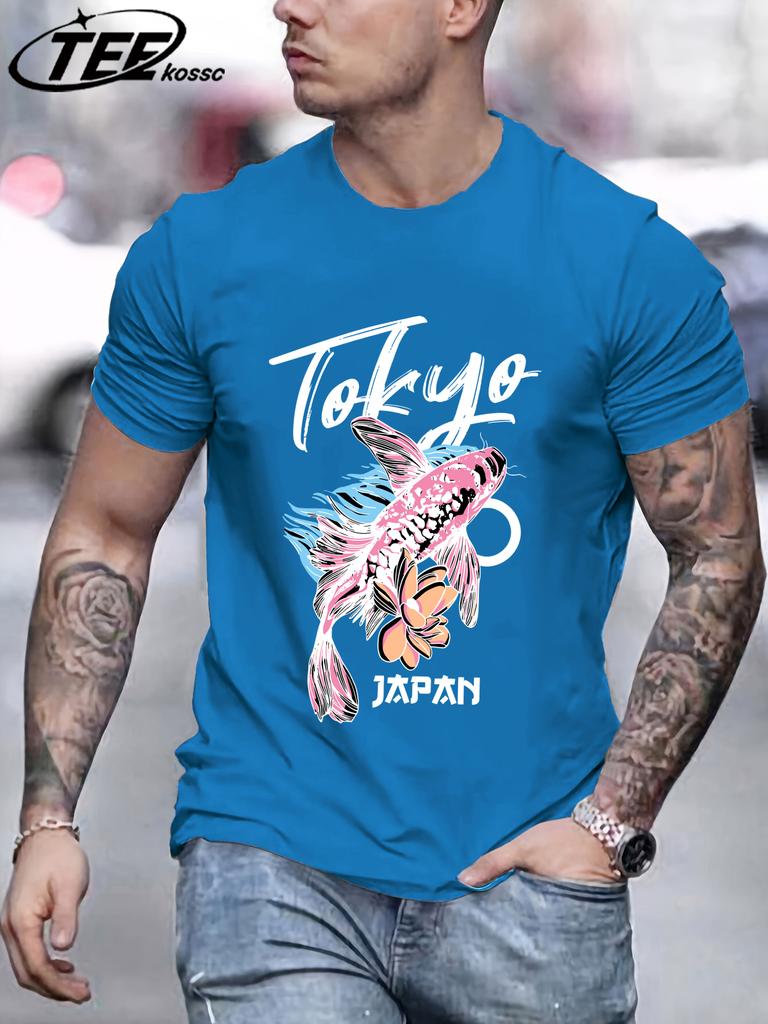 Tokyo Japan Flower Koi Print Men T Shirts Hip Hop AllMatch Short Sleeve Cotton Summer Clothes Casual Oversize Trendy Sportswear