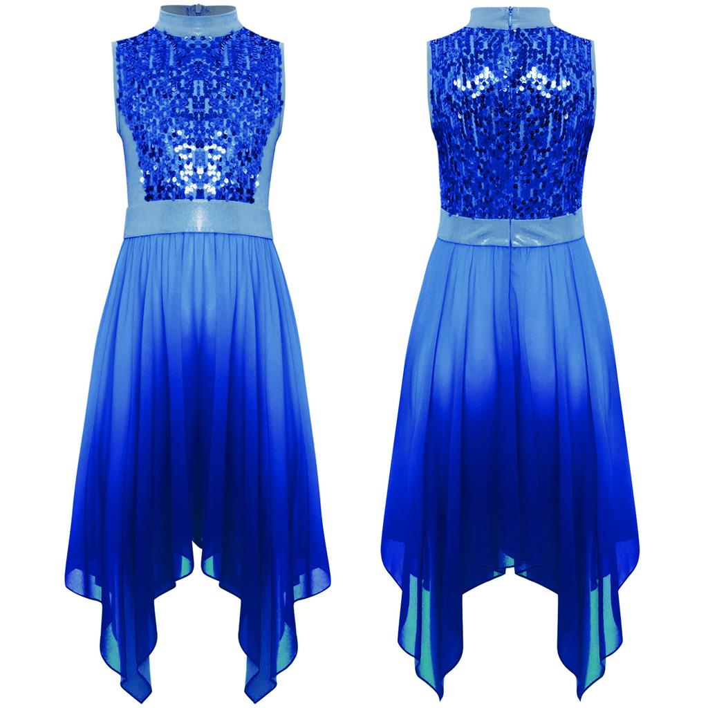 Girls Liturgical Dance Dress - Sleeveless Mock Neck Tunic with Asymmetrical Hem & Shiny Sequins for Worship Performance