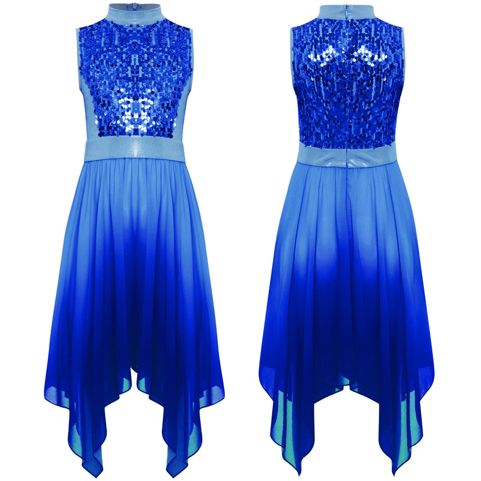 

Дитяча сукня для хвали - Туніка без рукавів з коміром-стійкою та асиметричним подолом і паєтками на ліфі для поклоніння 5-6 Years синій