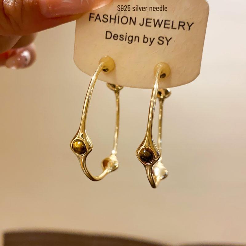 Серьги-кольца из стерлингового серебра с камнями: Простые, Модные, Высококачественные Серьги-кольца в Нишевом Холодном Стиле. золотой