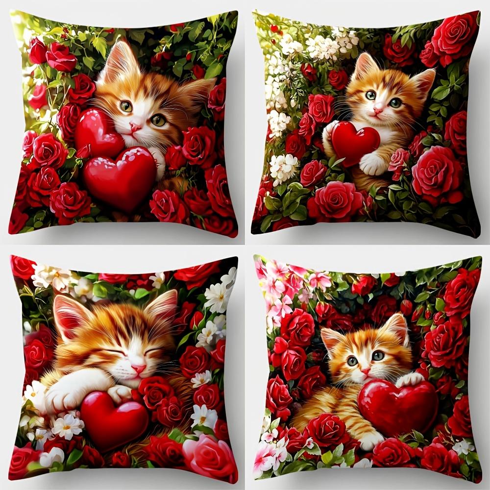 4Pcs Romantic Decorative Throw Pillow Covers, Cute Kitten With Red Heart & Roses Print Cushion Cases, Sweet Pet Lover Home Decor
