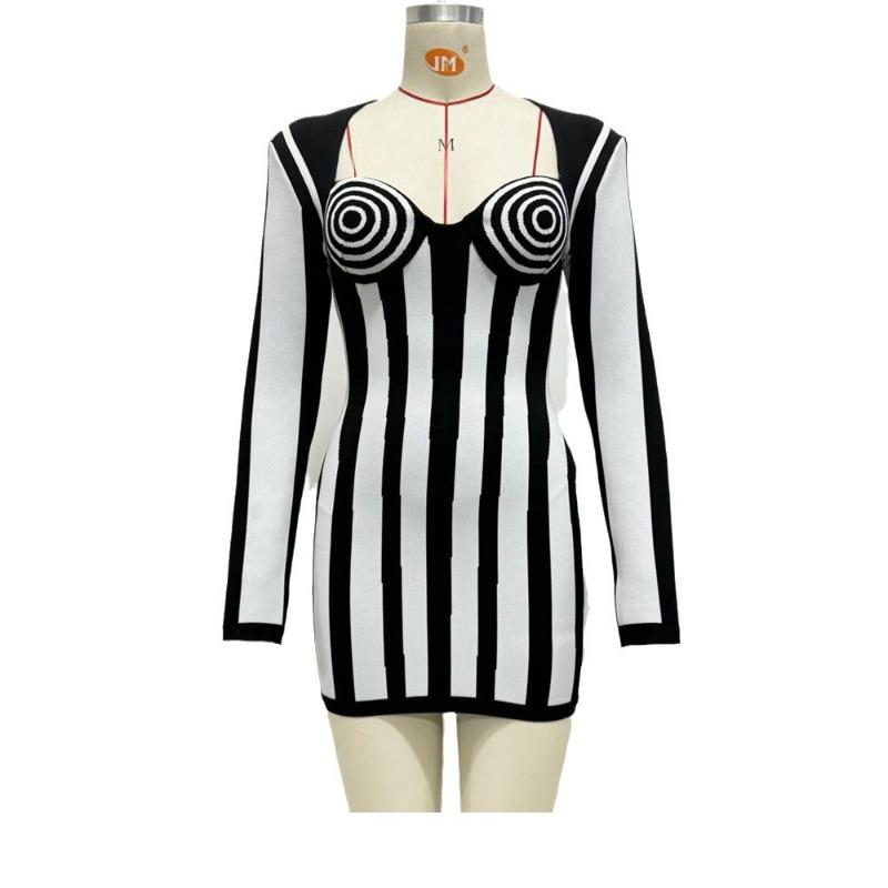 New black and white vertical striped bandage dress high street elegant fashion design party dress dress