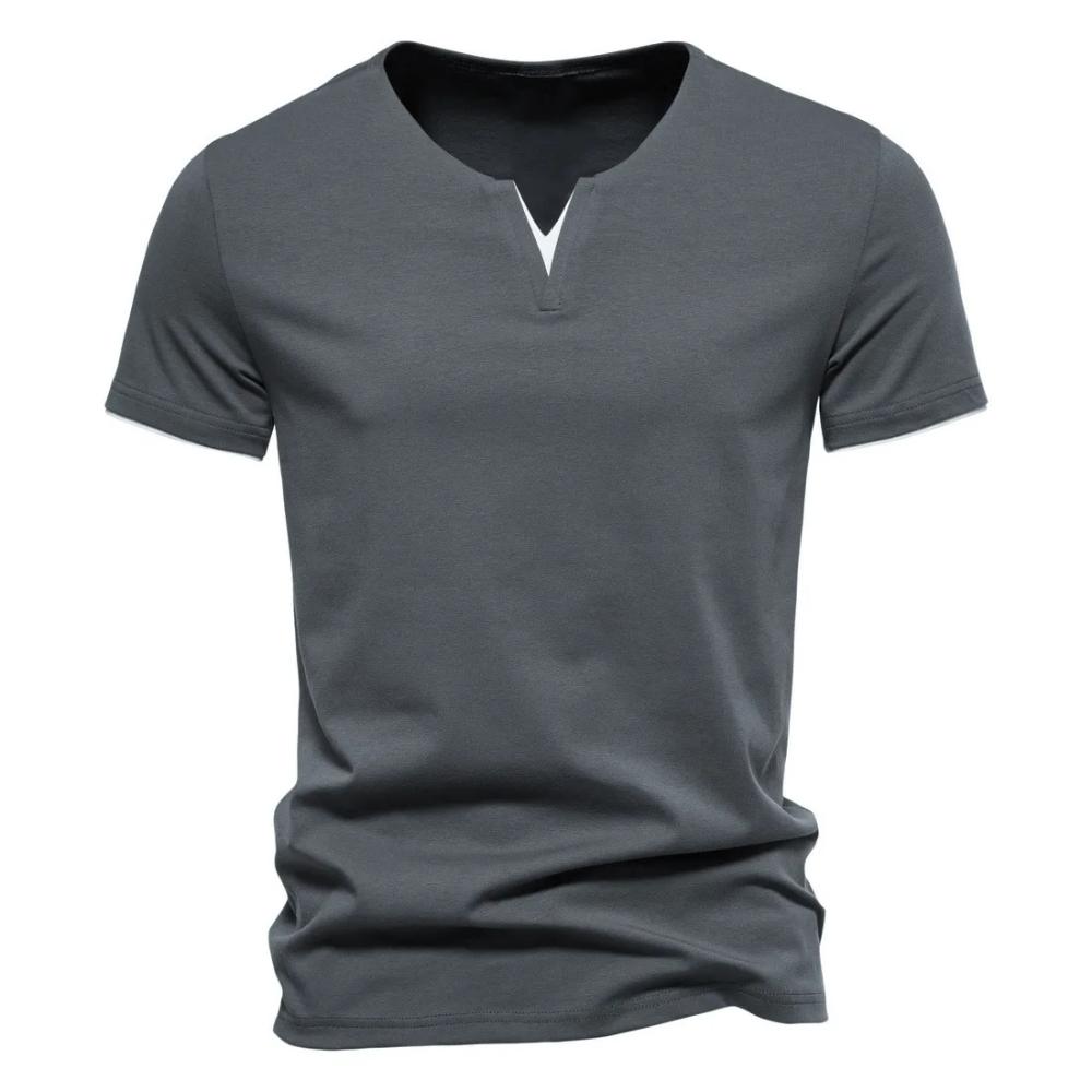 Summer Men's Solid Color CottonT-shirt V Neck Slim Fit Breathable Tops Casual  Cozy Tees Classic Male Dailywear