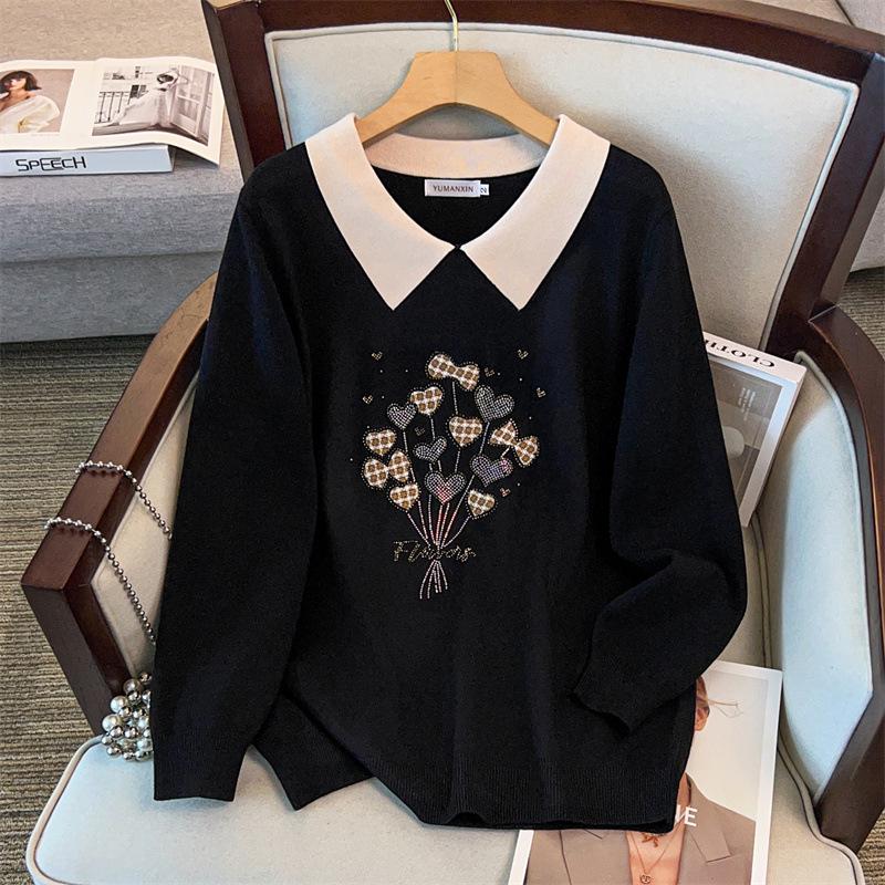 Plus Size Women's Winter Lapel Top - Slimming Long Sleeve Sweater Knitwear for Curvy Girls 200/300 Jin 8026