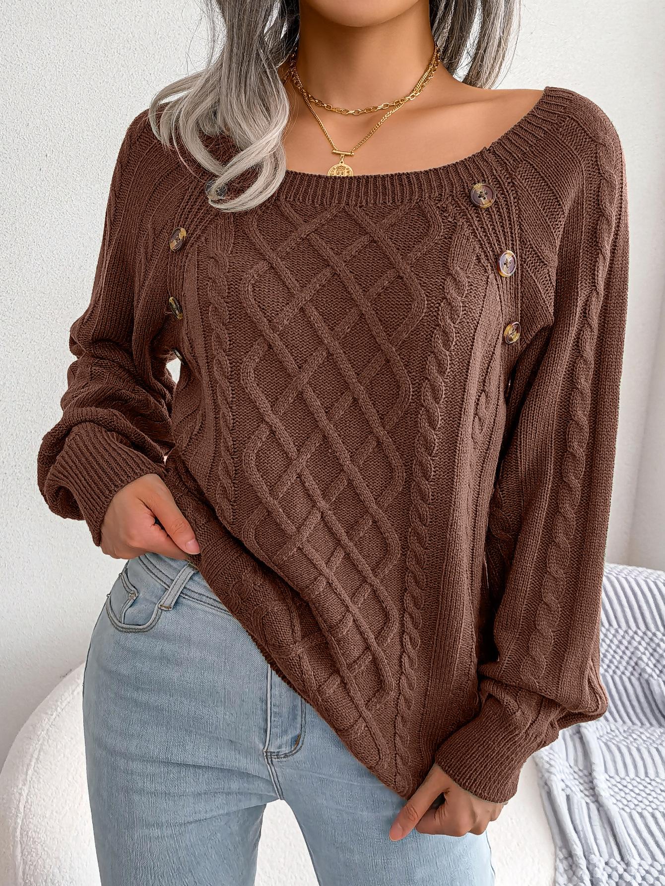 

Autumn and winter casual square neck button twist knitted pullover sweater L темно-коричневого