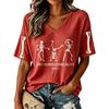Women's V-Neck Halloween Printed T-Shirt Short Sleeve Casual Top for Holiday Festive Occasions