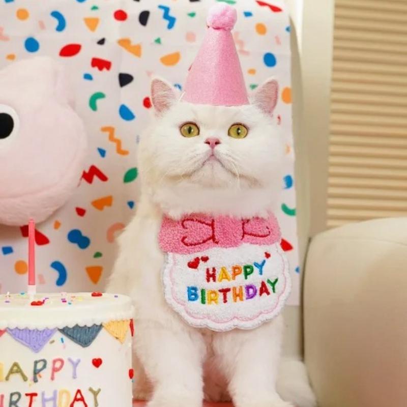 2026 Pet Birthday Hat Scarf Set Adjustable, Cat/Dog Birthday Supplies Mini Pet Saliva Towel Cat/Dog Supplies