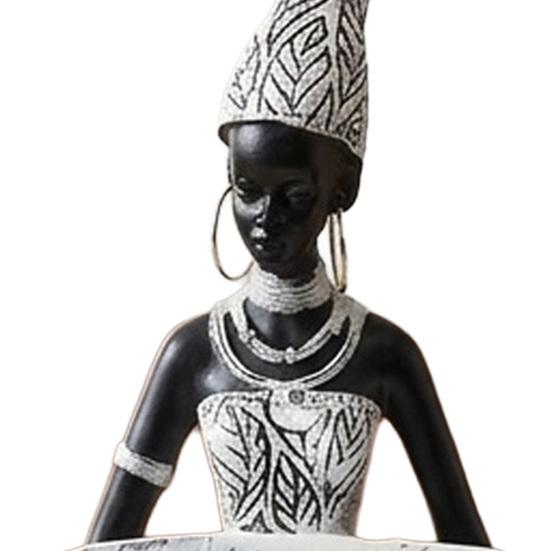 African Woman Holding Leaf Bowl Resin Statue Tribal Kneeling Figurine Jewelry Tray Desktop Decorative Snack Holder for Home Shelf Decor