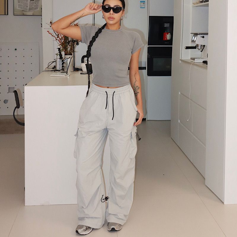 

Akiyo Studio American Overalls Women High Waist Drape Quick-Drying Parachute Pants Casual Wide Leg Sweat pants Light gray XL(60.00 kg-70.00 kg)