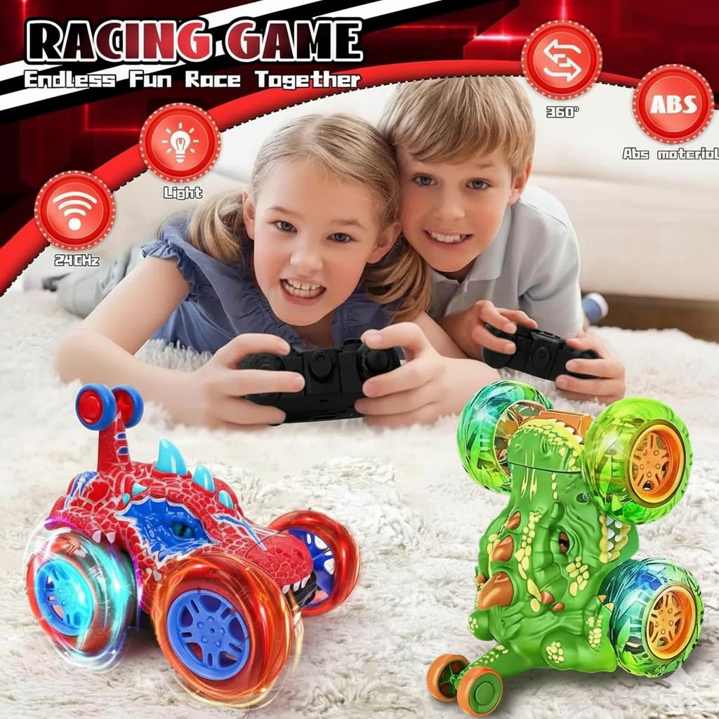 Dinosaur Stunt Car, 2.4GHz Wireless Remote Control, Bright Flashing Lights, Fun Racing Game