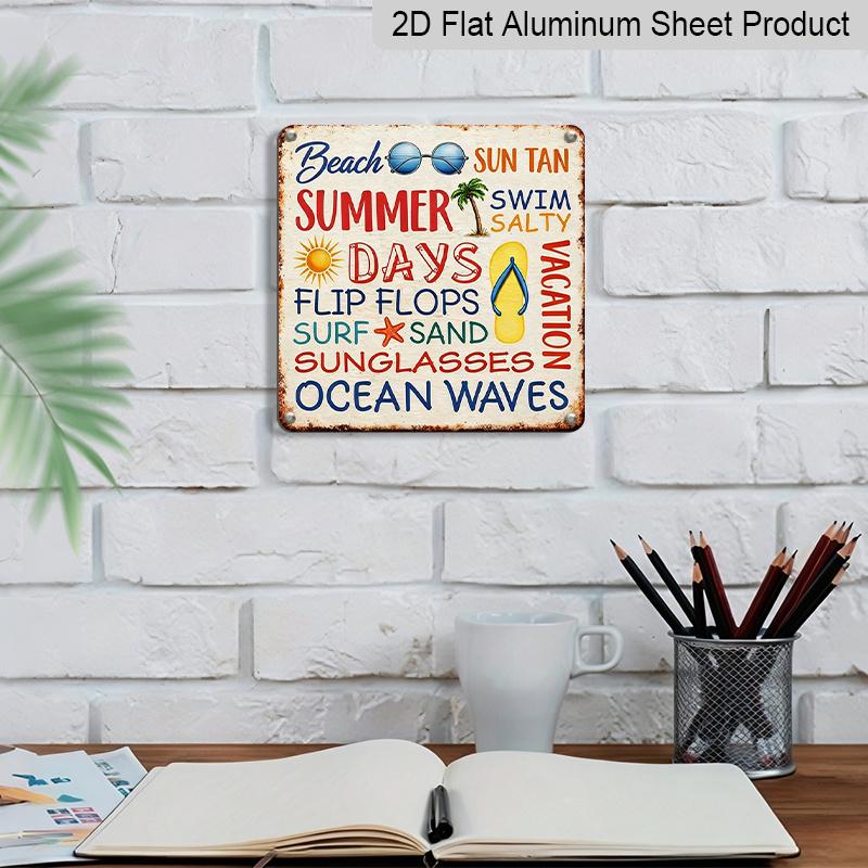 2D Flat - 1pc Vintage Aluminum Metal Sign, Outdoor Wall Decoration, Retro Tin Sign Style, Summer Beach Text Decor, "Summer Time", Home Wall Plaque