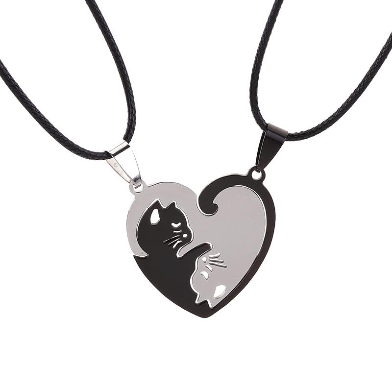 Hot Sale Stainless Steel Pet Cat Kitty Love Heart Pendant Puzzle Matching Necklace Chain For Couple Lover Valentine