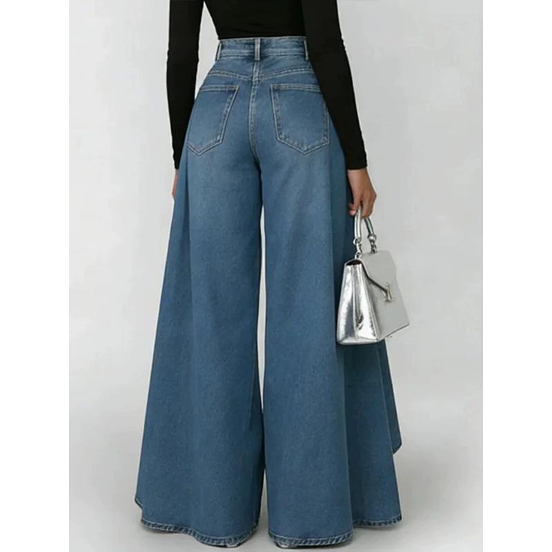 Women's High Waisted Wide Leg Jeans Overlay Flare Denim Pants with Pockets for Female High Street Elegant Fashionable Long Jeans