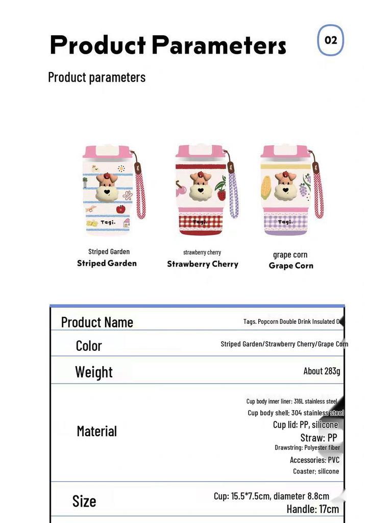 Popcorn Tragbarer Isolierbecher mit Doppeltrinkhalm Edelstahl