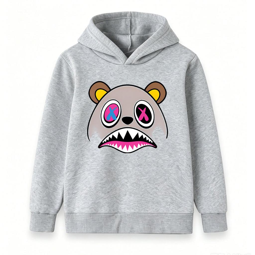 Kids Boys Girls Cute Cartoon Bear Graphic Pullover Hoodie, Cool X Eye Angry Bear Print Long Sleeve Casual Sweatshirt for Daily Wear Party Street